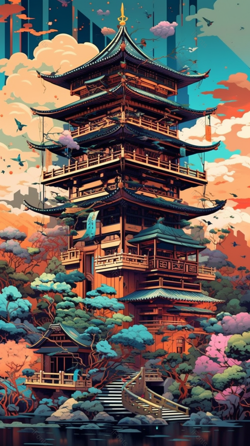 中国风亭台建筑房屋树木手绘背景,插画/手绘图,插画/手绘图库,插画/手绘图下载,插画/手绘
